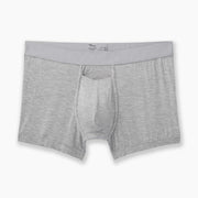 Heather grey boxer brief layflat on grey background.