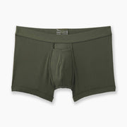 Olive boxer brief layflat on grey background.