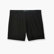 Black mesh short flat on grey background.