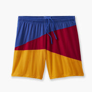 Sunfish print lounge short with blue red and orange laid flat on grey background