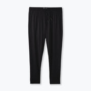 Pair of black mesh lounge pants against a light grey background.
