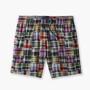 Pair of Madras print lounge shorts with draw strings laid flat on light grey background.