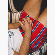 Close up shotof man wearing red/blue/yellow stripe slim fit boxers.