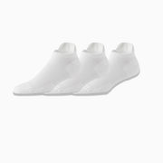3 pairs of white performance ankle sock floating against a light grey background.