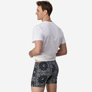 Back side view of man wearing black bandana slim fit boxers & white t-shirt.