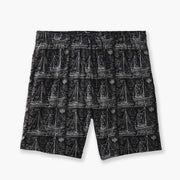 "Schooner" mesh lounge shorts that are black with white illustrations of boats laid flat on light grey background.