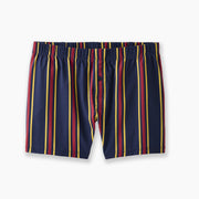 Pair of blue, red, and yellow stripe slim fit boxers on light grey background.