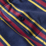 Close up detail shot of blue/red/yellow stripe slim fit boxers.