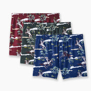 3 pairs (red, blue and green) slim fit boxers with trees and men riding horses printed on sitting against light grey background.